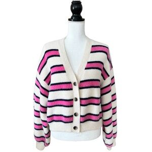 POL Cream Fuzzy Stripe Cardigan Pink Navy Cream Button Front Soft Cozy Size S